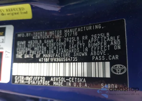 2016 Toyota Camry Se from USA, damaged, VIN 4T1BF1FK9GU564735